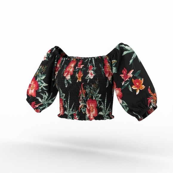 Love By Design Tops - Love by Design Floral Smocked Crop Top Black Pink Puff Sleeve XL New